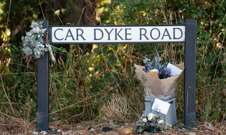 Flowers at the junction of the A10 and Car Dyke Road in Waterbeach, Cambridgeshire, where five-month-old Louis Thorold was murdered.