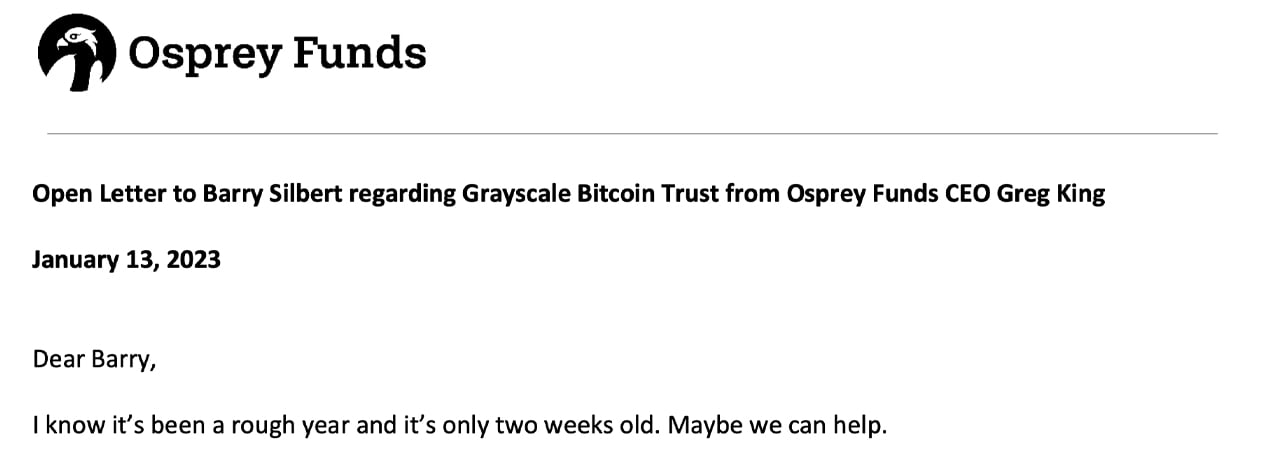 Osprey Vies For Control Of Grayscale's Bitcoin Trust;  Tron's Justin Sun offers to invest up to $1 billion in DCG assets