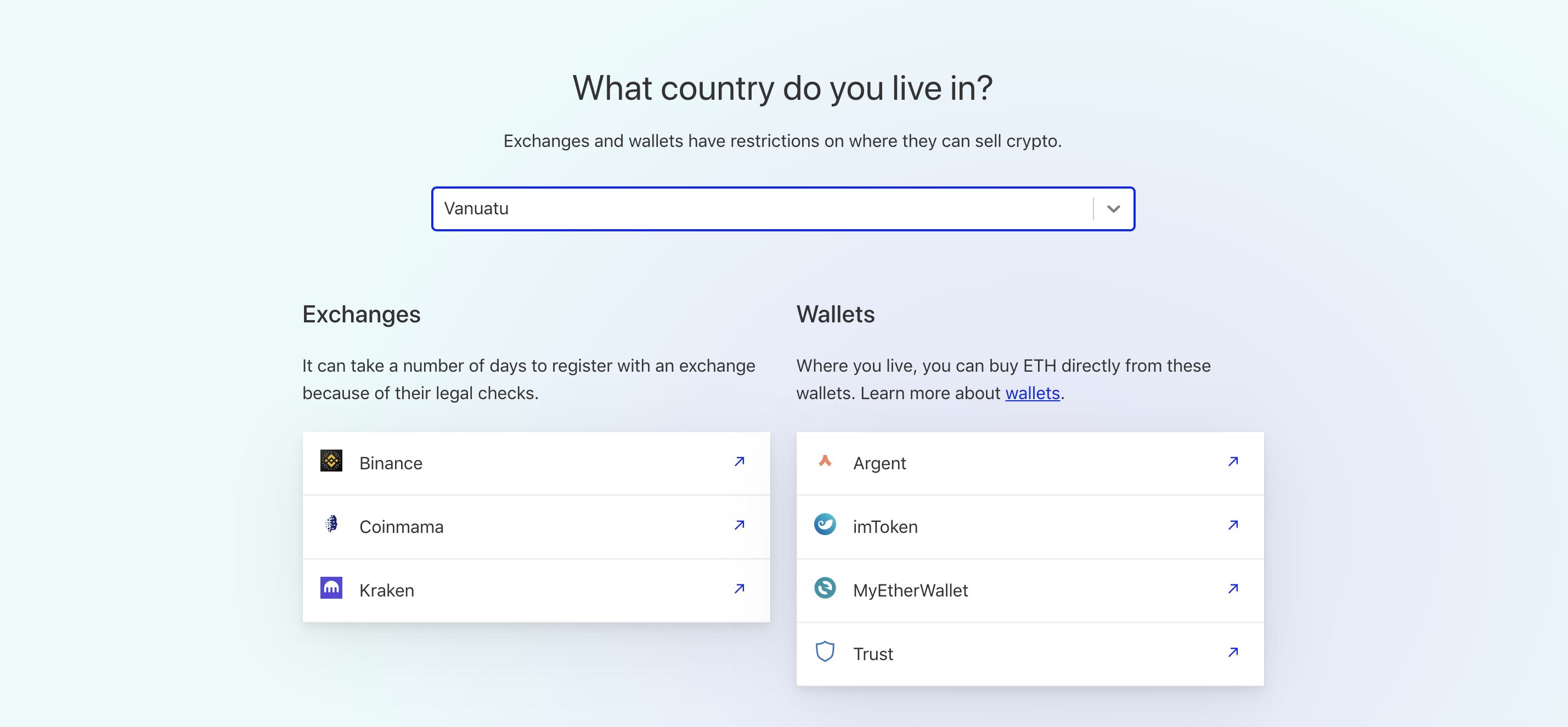 Screenshot of a country selection function at ethereum.org/en/get-eth