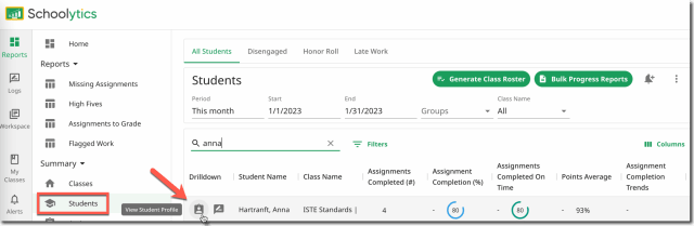 Schoolytics students screen. Filtered for Anna and pointing at the icon for student profile. Ways for Teachers to Get Excited About Using Data