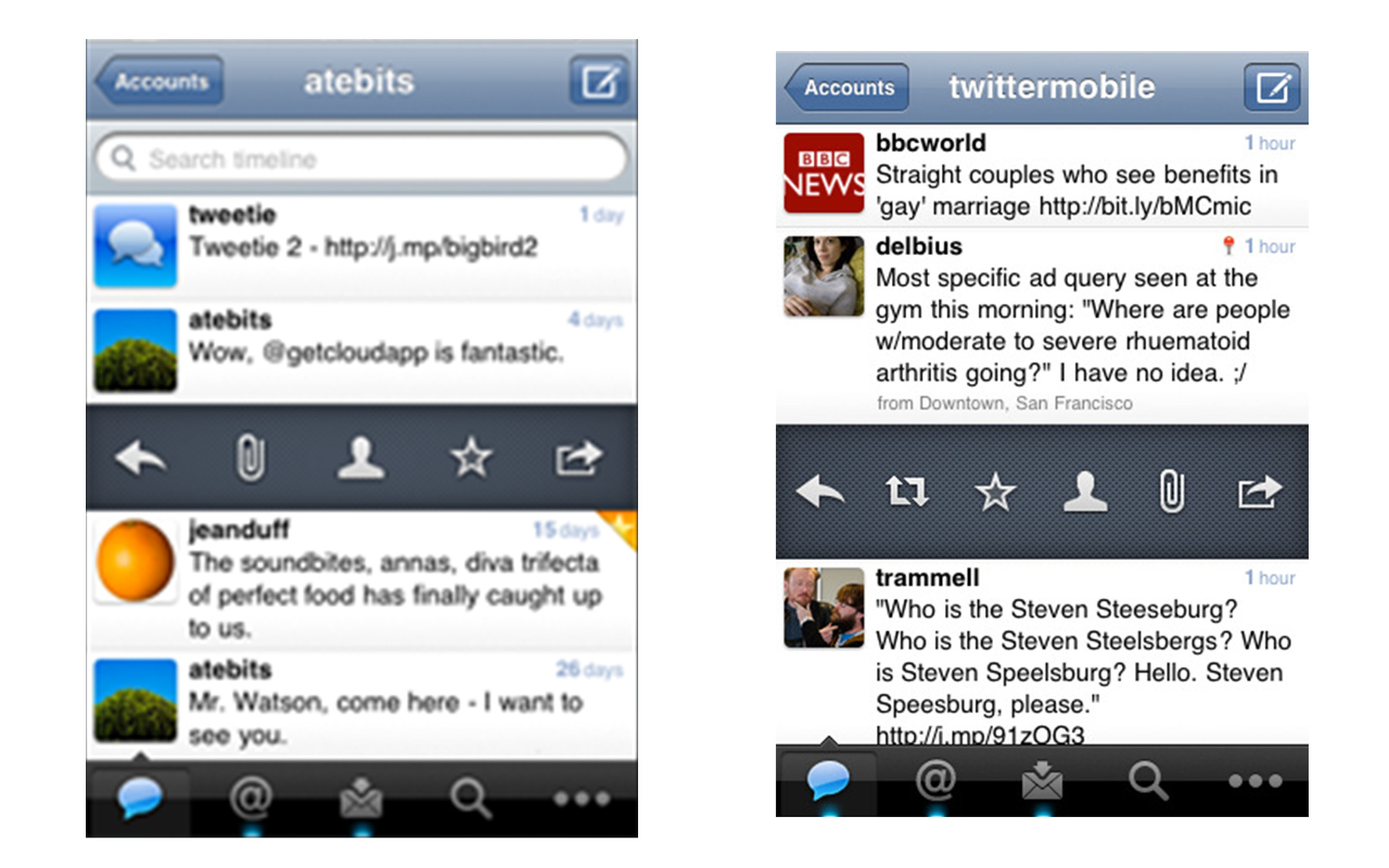 Screenshot of Tweetie 2 compared to Twitter for iPhone.