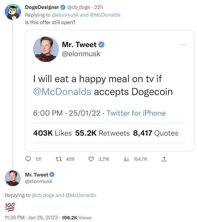 Elon Musk reaffirms his offer to eat Happy Meal on TV if McDonald's accepts Dogecoin