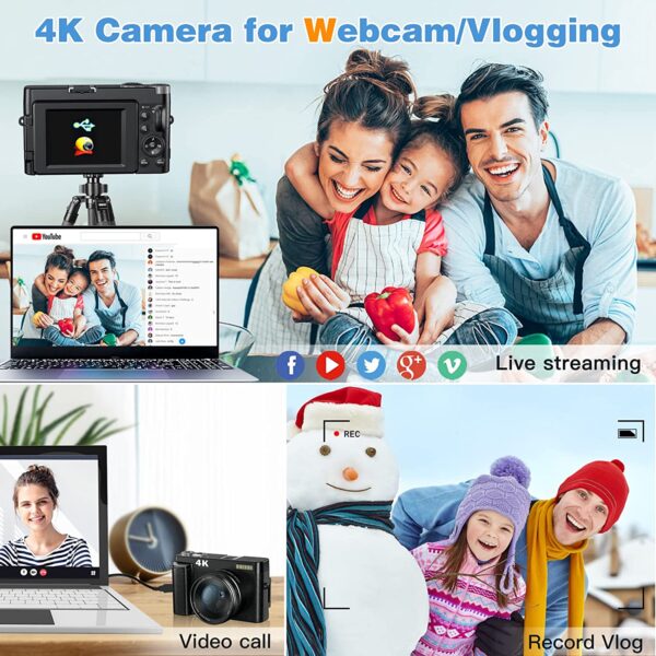 4K Digital Camera for Photography and Video [Autofocus & Anti-Shake] 48MP Vlogging Camera with SD Card, 3'' 180° Flip Screen Compact Camera with Flash, 16X Digital Zoom Travel Camera (2 Batteries) - Image 5