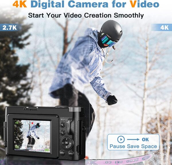 4K Digital Camera for Photography and Video [Autofocus & Anti-Shake] 48MP Vlogging Camera with SD Card, 3'' 180° Flip Screen Compact Camera with Flash, 16X Digital Zoom Travel Camera (2 Batteries) - Image 2