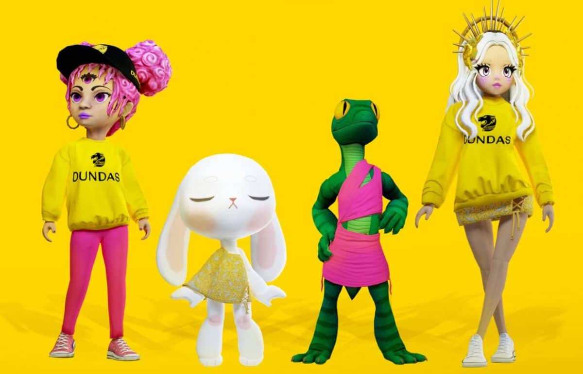 image of four digital avatars wearing Dundas x DressX clothing within Roblox