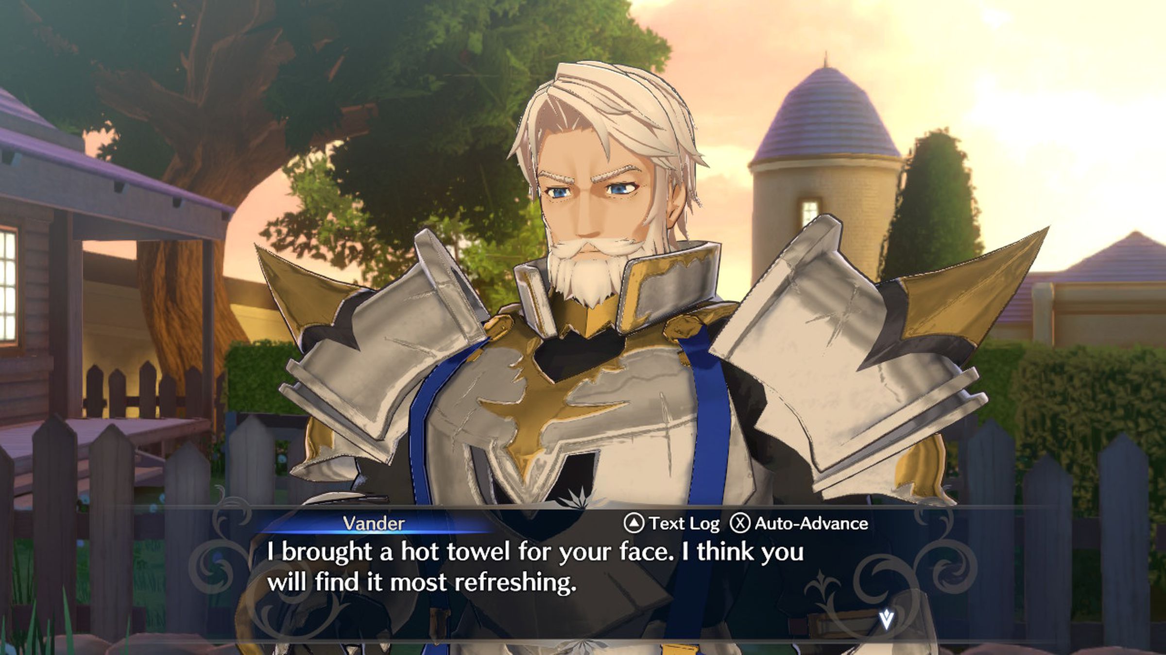 Screenshot from Fire Emblem Engage showing the heavily armored character Vander talking to the main character Alear