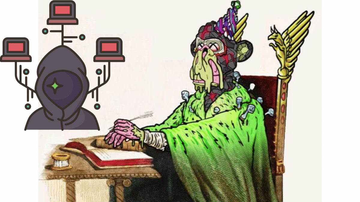 An image of the mutant ape from NFT God in a "divine green robe" sitting on a throne and writing rules.  The image also contains a thumbnail of a hacker hacking into computers.