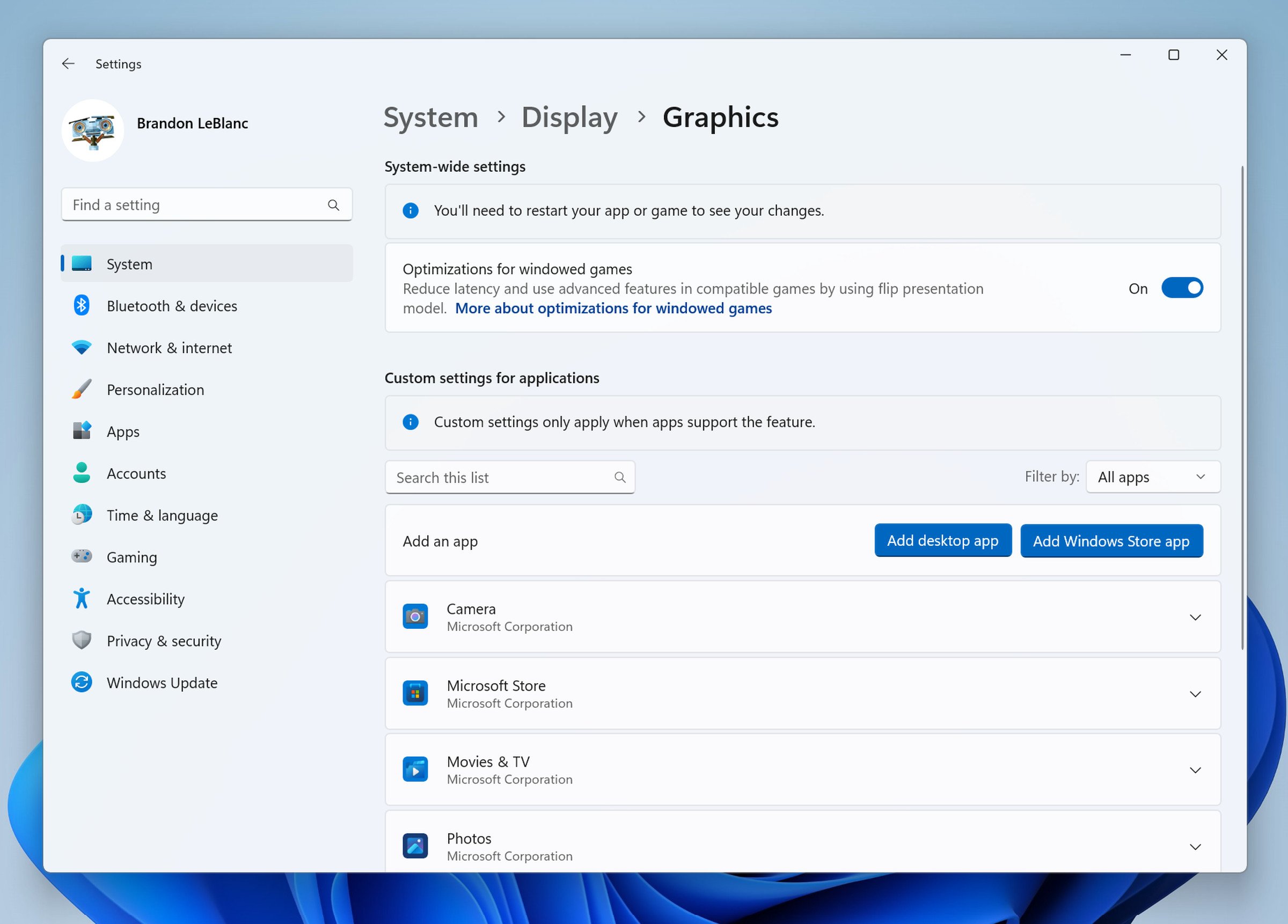 The new graphics settings page in Windows 11.