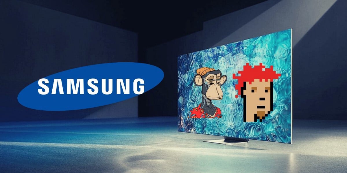 a Samsung logo next to a Samsung Smart LED TV with Bored Ape and CryptoPunk NFT on screen.