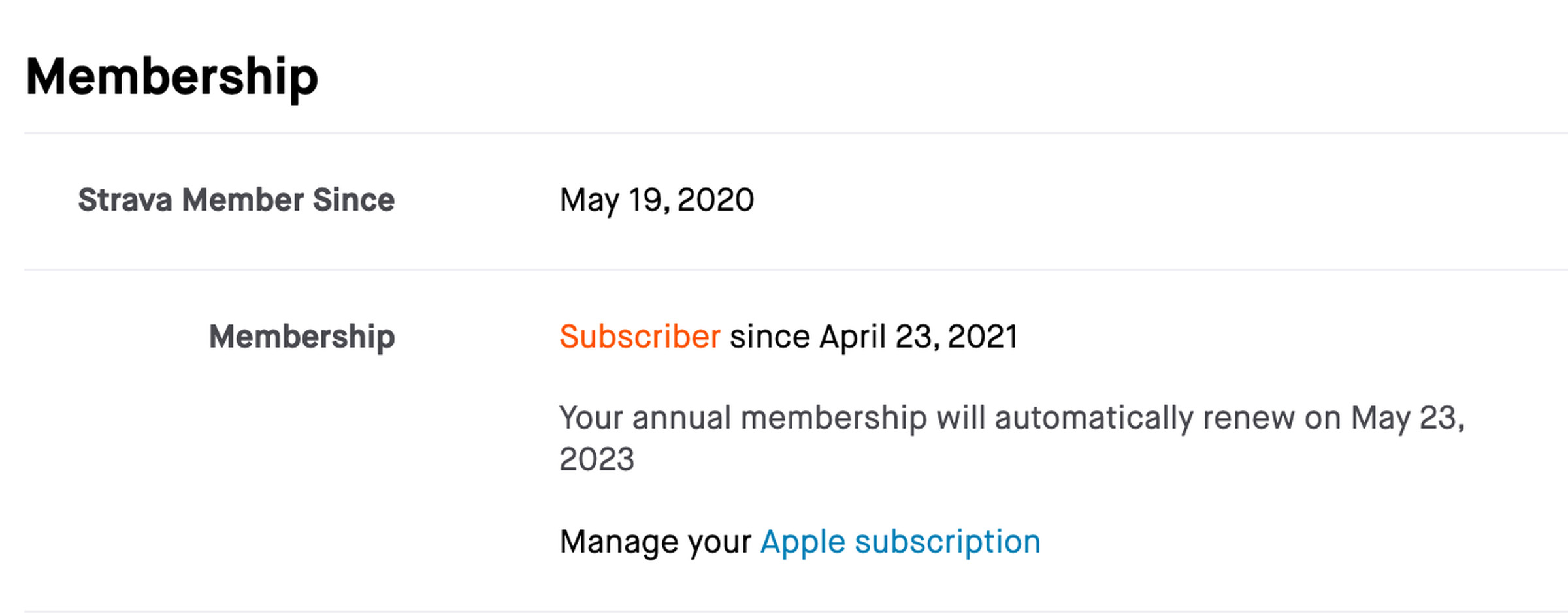 Screenshot of the Strava membership page which only lists the membership date, subscription start date, and a link to manage the subscription through Apple