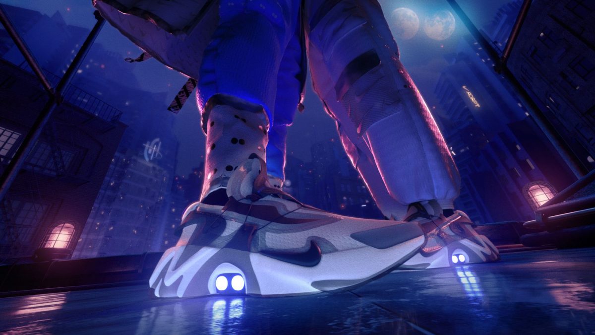A pair of white Nike sneakers on a dance floor in support of the Nike .SWOOSH platform.