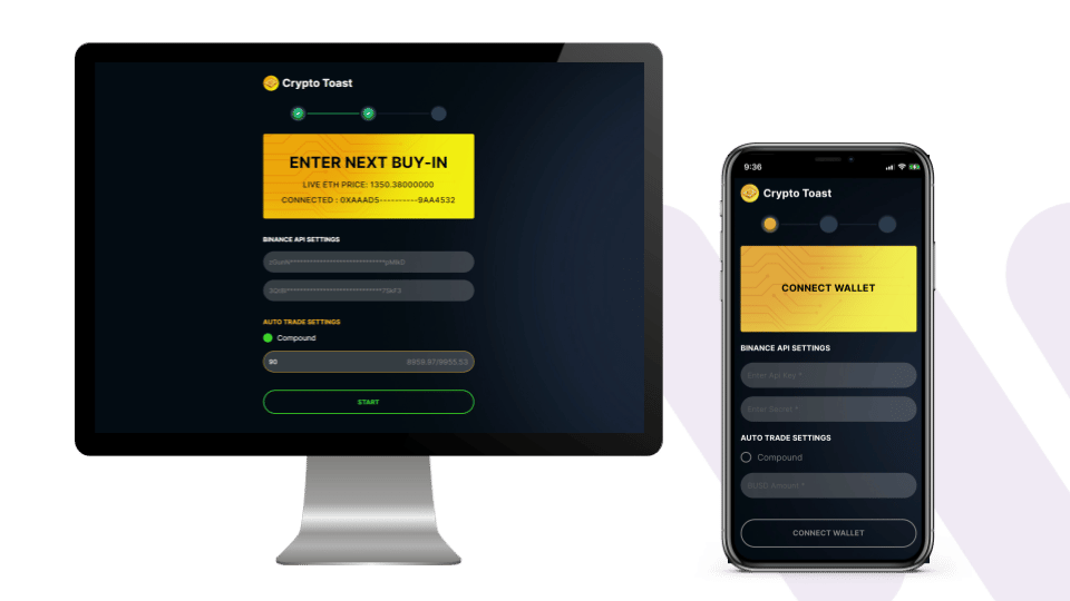 The Crypto Toast platform is displayed on both desktop and mobile devices.