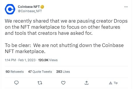 Coinbase NFT announced the creator release pause on its official Twitter account.