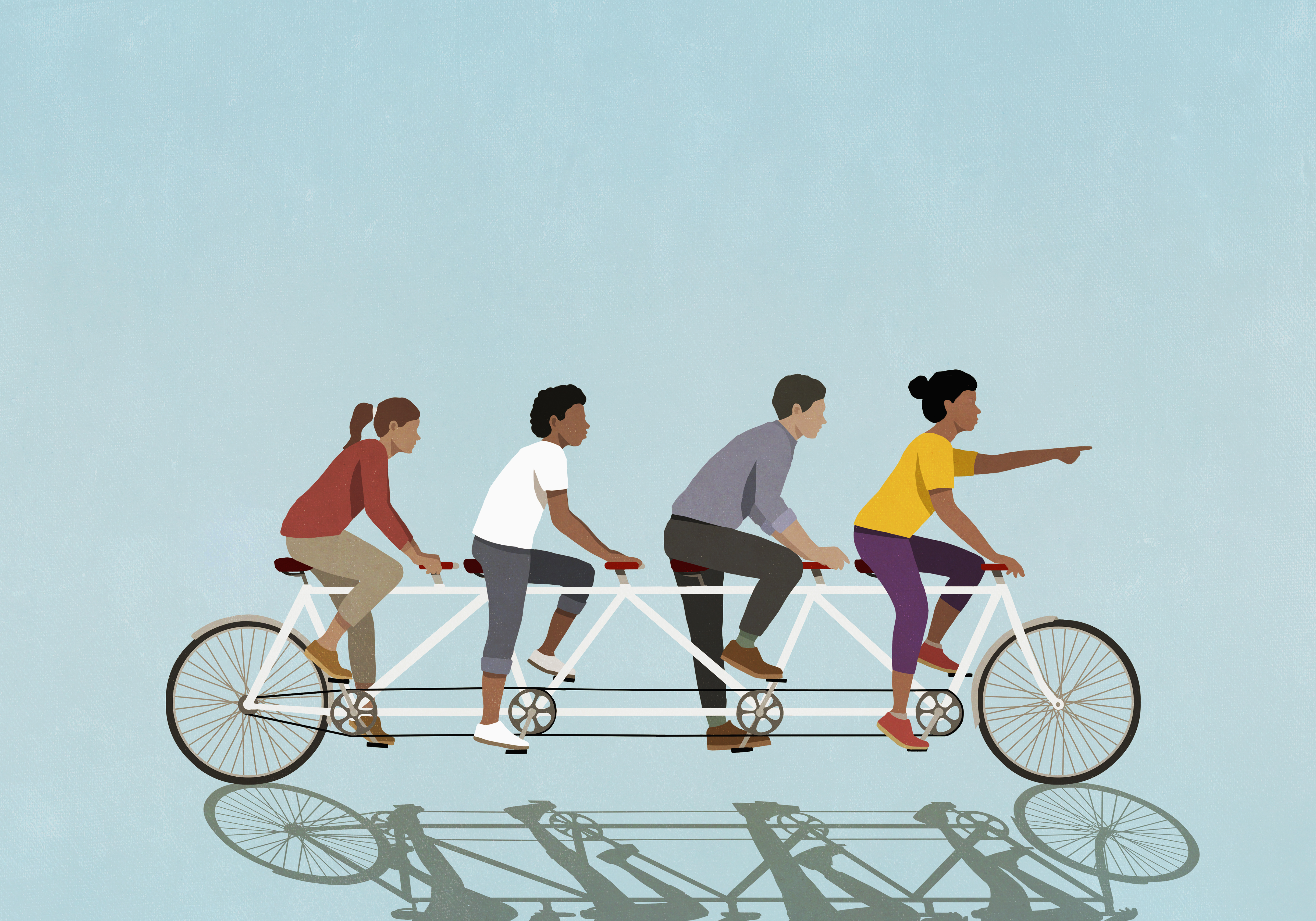 Illustration of friends riding a tandem bicycle on a blue background.