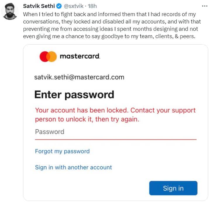 screenshot of a Mastercard related message from Satvik Sethi