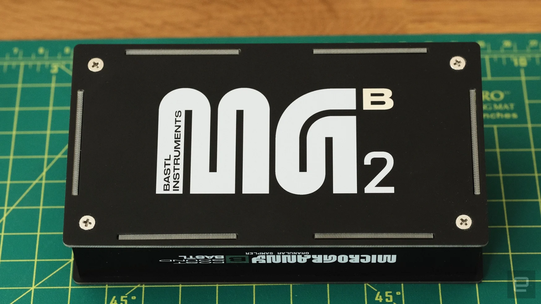 Large MG mark on the bottom of the Bastl Instruments Microgranny Monolith.