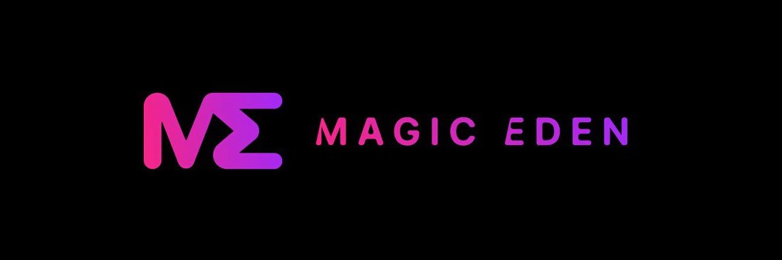 Purple and pink text spelled out "ME" and then "magical eden" set against a black background.