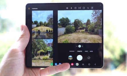 The Samsung camera app showing the viewfinder and recently taken photos on the inner screen of the Z Fold 4 tablet.
