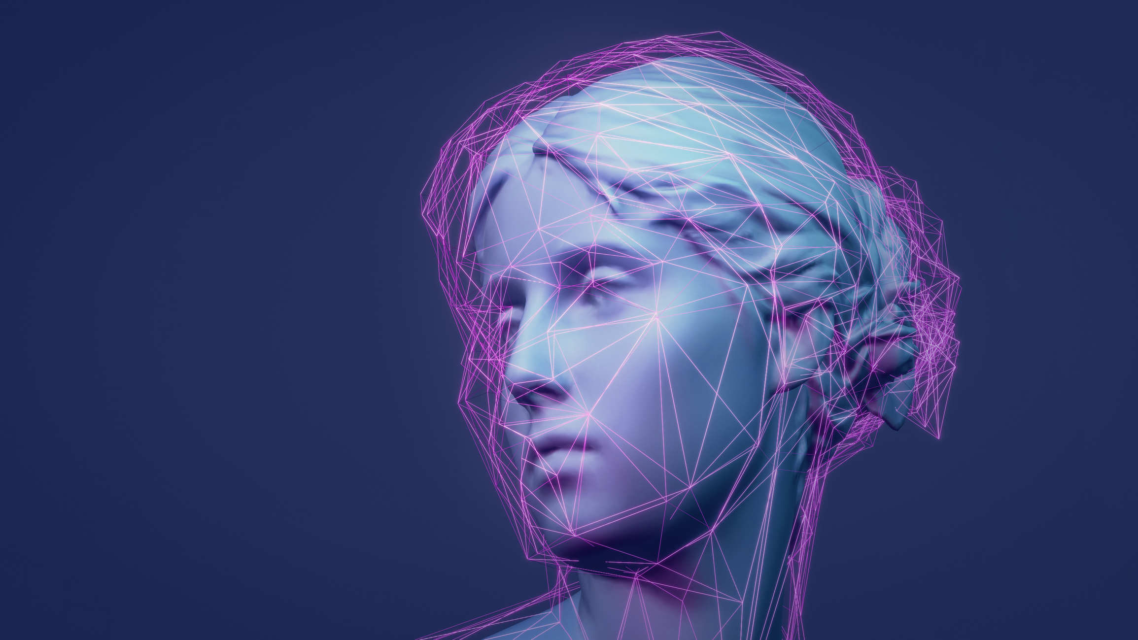Classic 3D rendered Metaverse avatar sculpture with low poly glowing purple lines network.  Machine learning and artificial intelligence concept.  Example of animated 3D NFT illustrations.  Web 3.0 technology background.