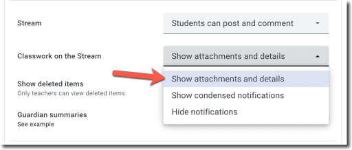 In the Google classroom settings, you can see the classroom in the stream.  The dropdown menu gives you the option to change to display attachments and details.  This is part of 5 hidden features of Google Classroom