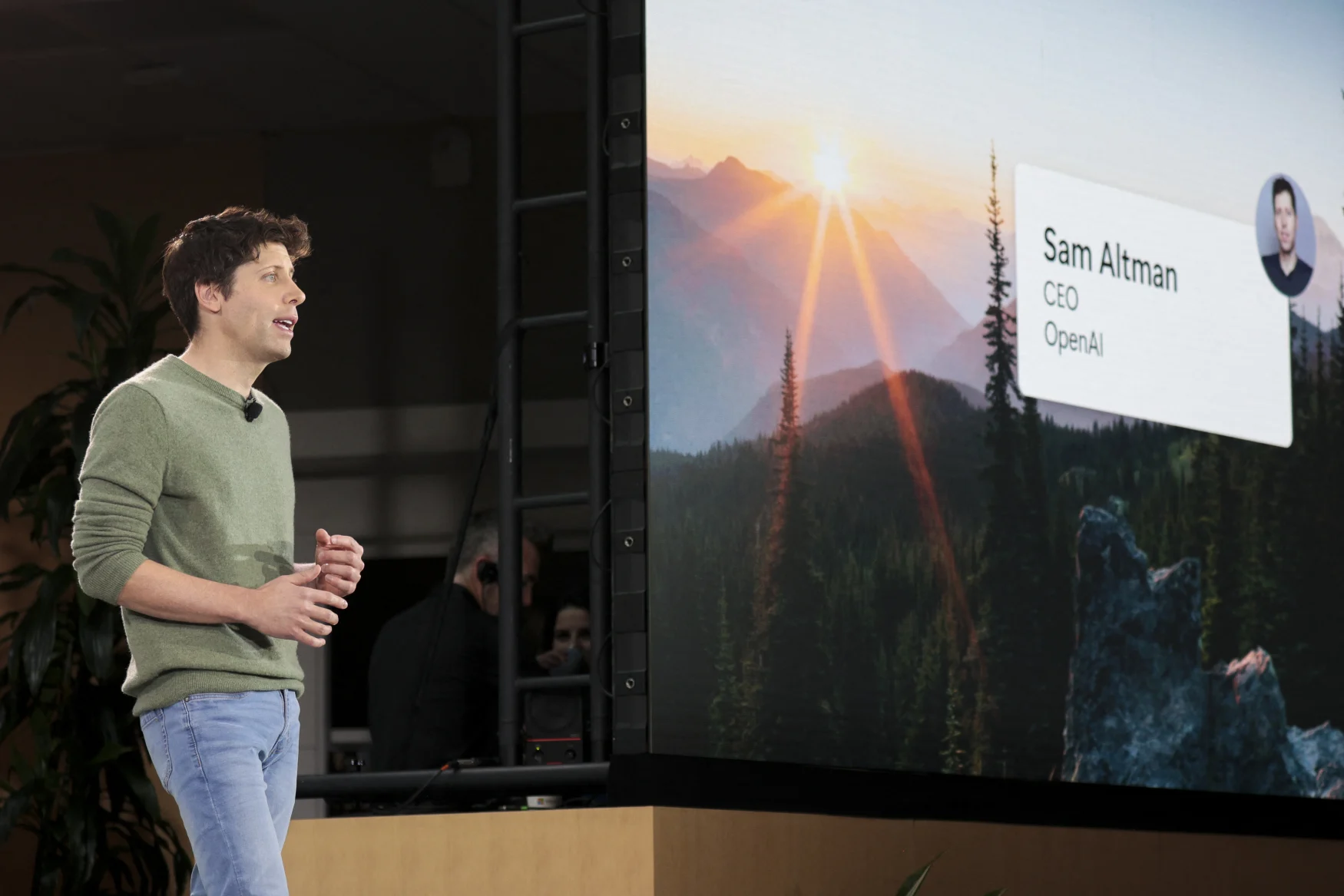 OpenAI CEO Sam Altman speaks during a keynote address announcing Microsoft's integration of ChatGPT for Bing in Redmond, Washington on February 7, 2023. - Microsoft's long-struggling search engine Bing , will integrate the powerful capabilities of language-based artificial intelligence, CEO Satya Nadella said, declaring what he called a new era for online search.  (Photo by Jason Redmond/AFP) (Photo by JASON REDMOND/AFP via Getty Images)