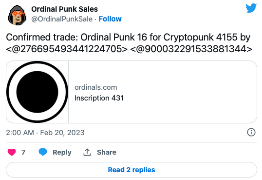 screenshot from 'ordinal punk sales' detailing trading for a CryptoPunks or ordinal punk nft ordinal punks
