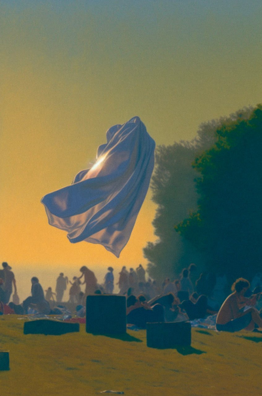 some ghostly sheets float in front of a crowded park