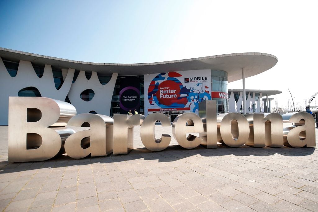 The sign of the city of Barcelona in front of the main hall of the Mobile World Congress