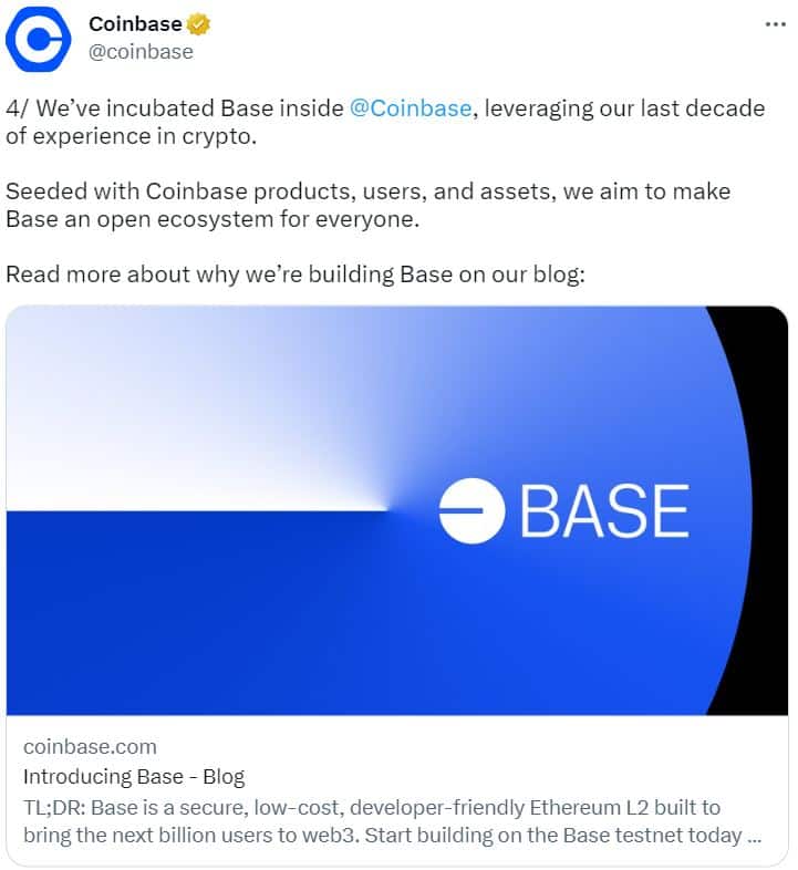 screenshot of a Coinbase NFT ad for their new L2 Base scaling solution