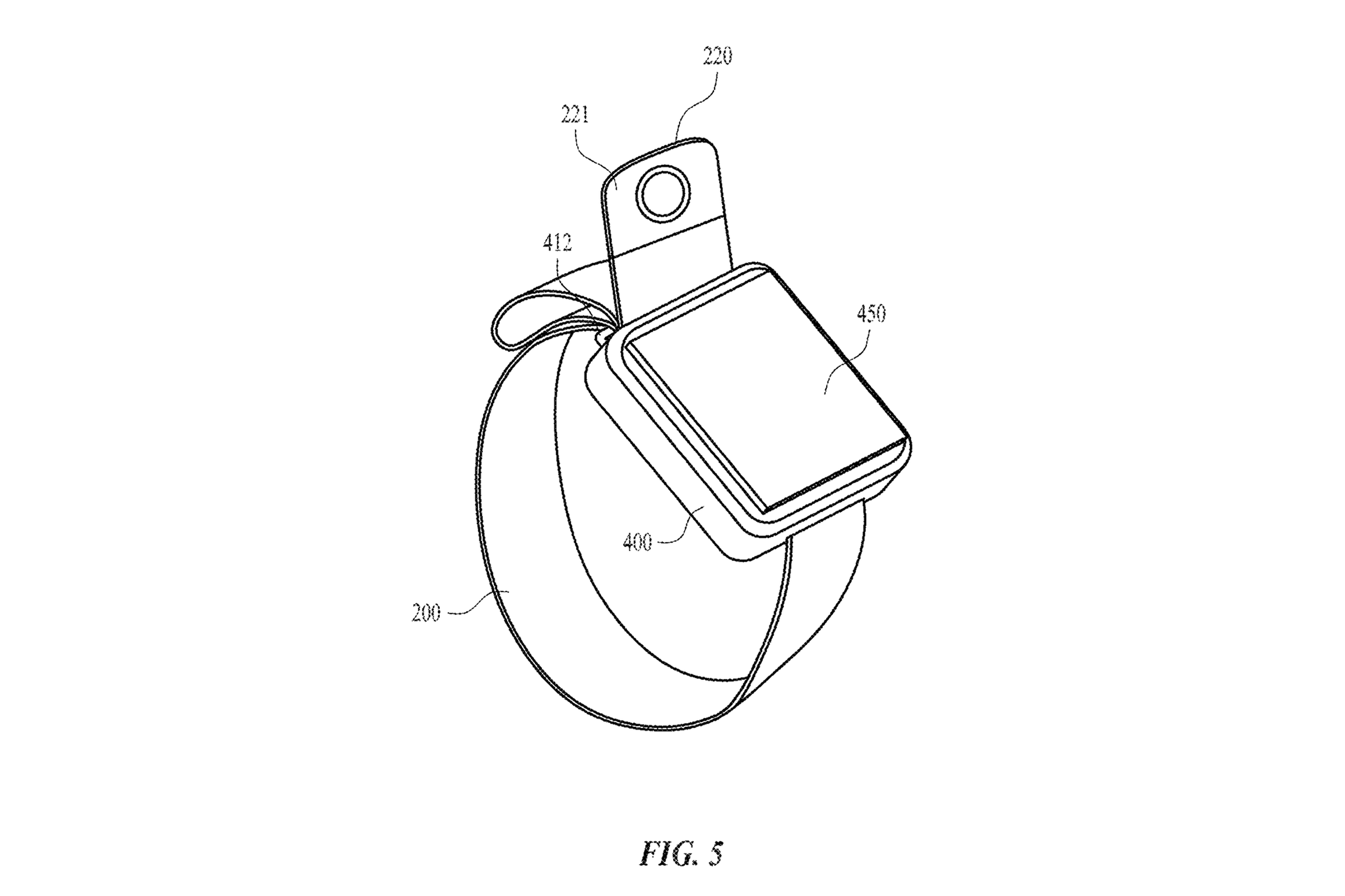 Figure 5 from a patent diagram showing an Apple Watch with a strap.  At the end of the strap is a small section that displays an image sensor.