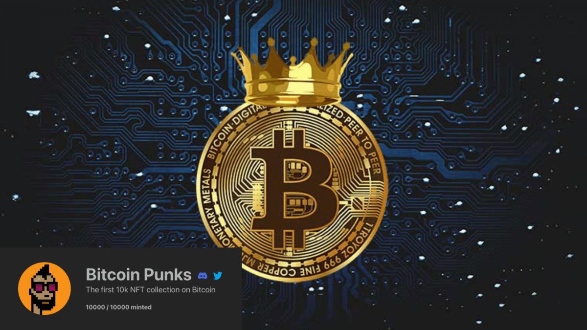 a gold Bitcoin logo with a small screenshot saying "bitcoin punks"an ordinal NFT on the BTC blockchain