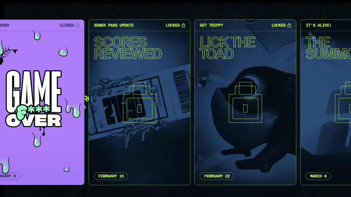a screenshot from Yuga Labs' Sewer Pass website showing separate panels for the Dookey Dash timeline.  The lick the toad event is scheduled for February 22.