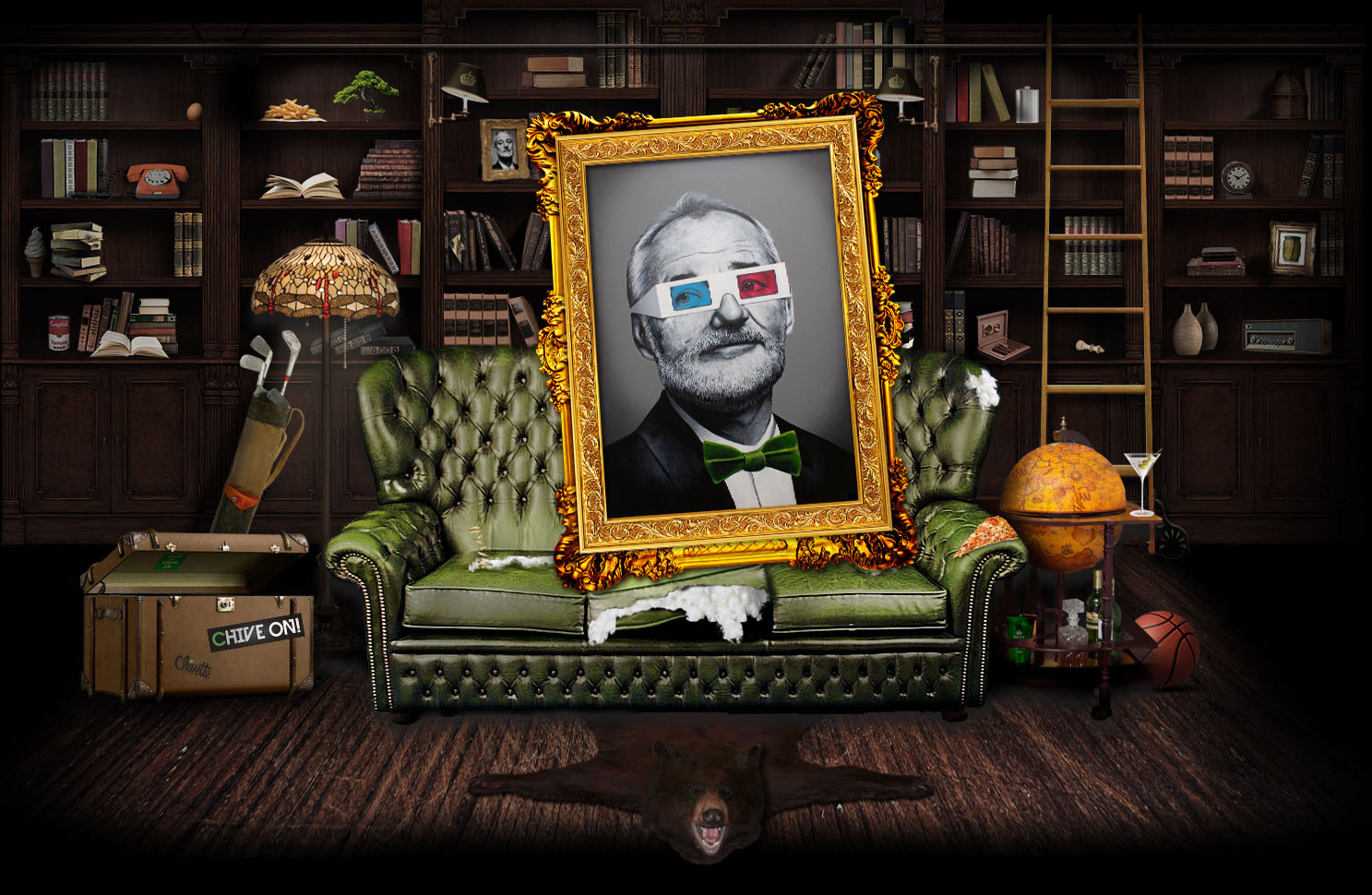 A photorealistic portrait of Bill Murray in a large gilt frame.  The portrait is placed in 'The Shack', the discord community name for Murray's NFT holders.