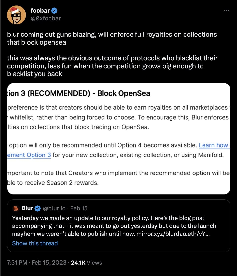 Tweet about the war between OpenSea and Blur
