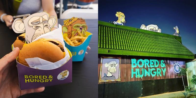 images of bored and hungry burger and fries by the restaurant