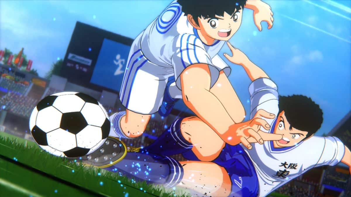 image of two anime players hitting a soccer ball from the Captain Tsubasa series