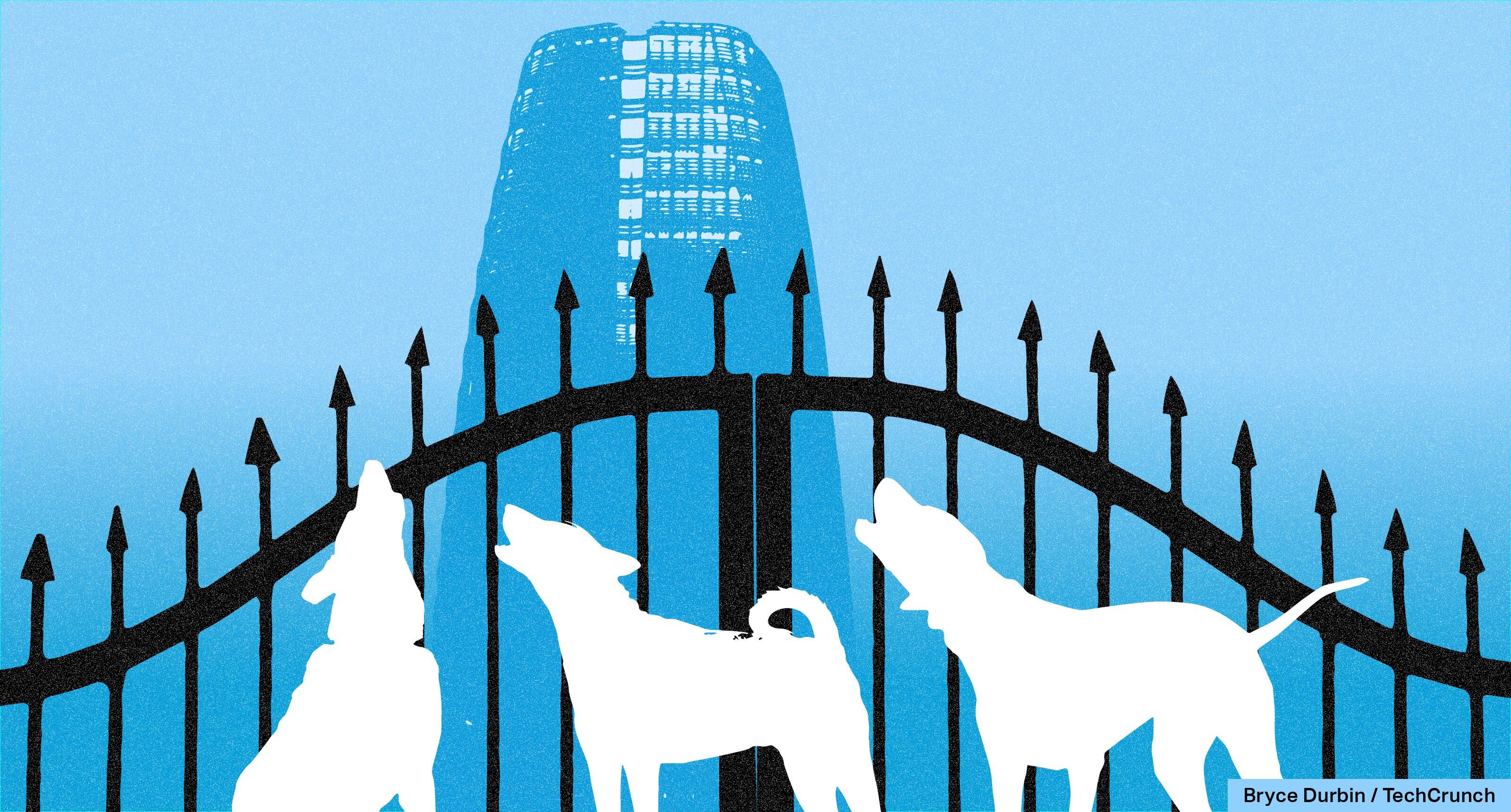 Cartoon of howling hounds outside Salesforce Tower.