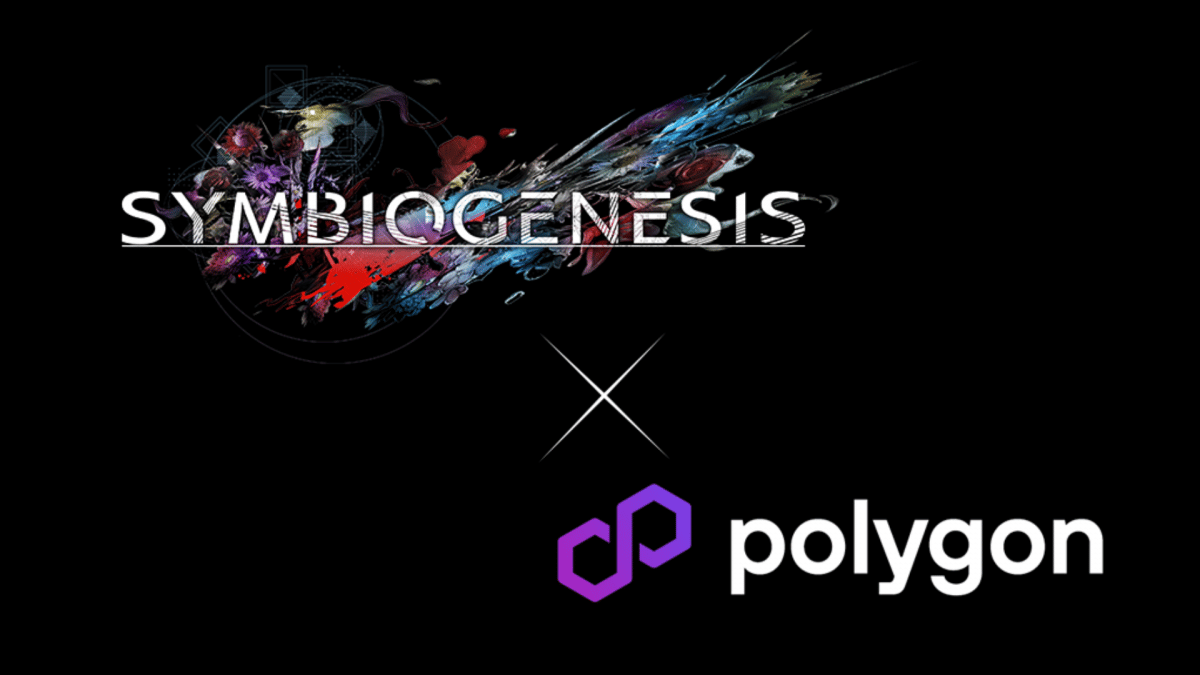 an image with a black background showing the logos of the Symbiogenesis web3 game and the Polygon sidechain