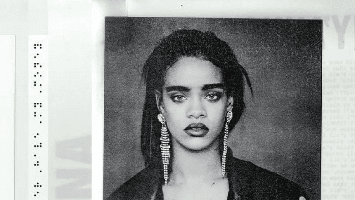 A black and white photo of Rihanna, which is the cover of her hit single. "B**ch better have my money"a song that will share its royalty income as NFT