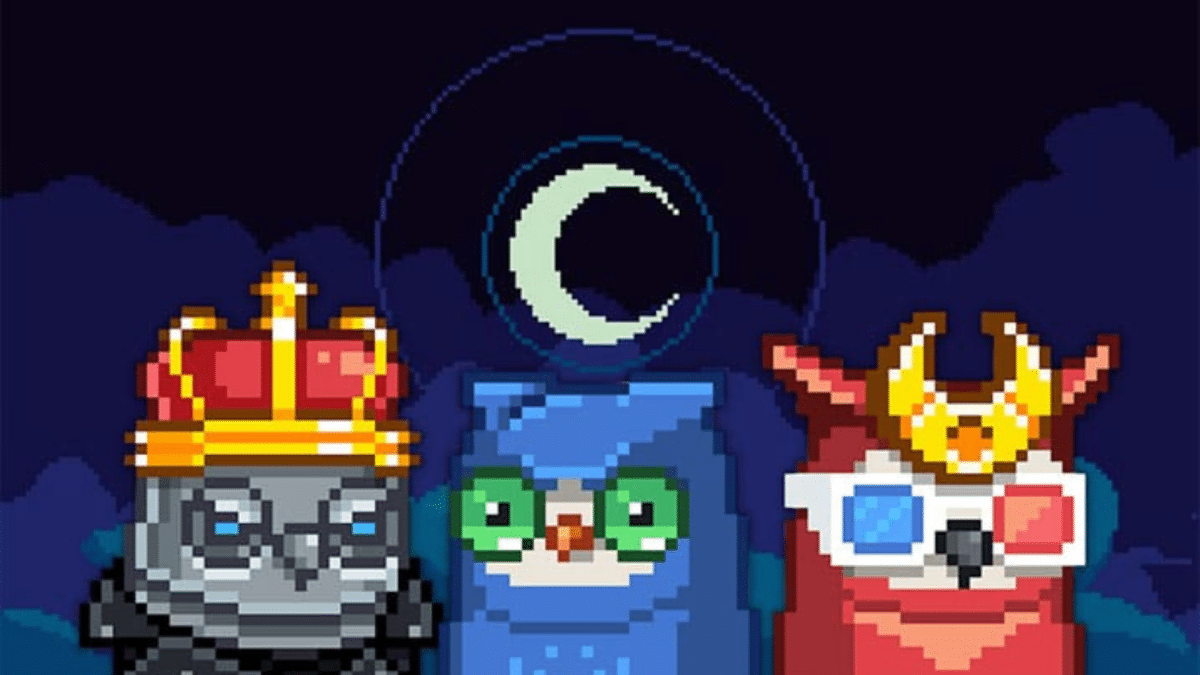 an image of 3 lunar bird characters in front of a pixelated moon, to reflect their new DAO, the Lunar Society
