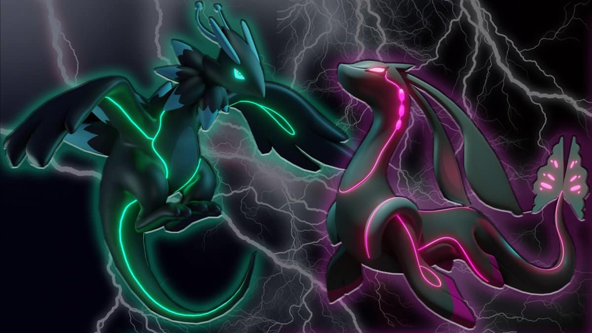 A green and purple genopet is seen floating in the air with lightning behind them in support of the new Genopets games.