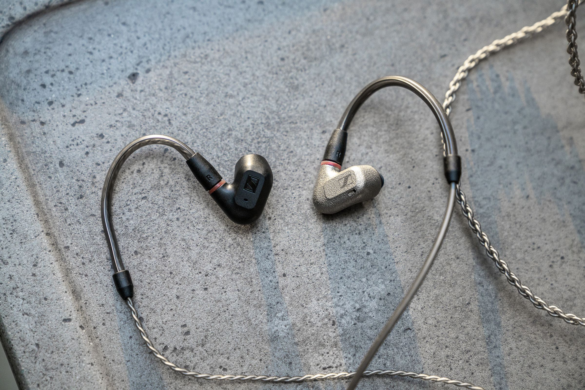 A photo of Sennheiser's IE 200 headphones next to the company's IE 600 headphones.
