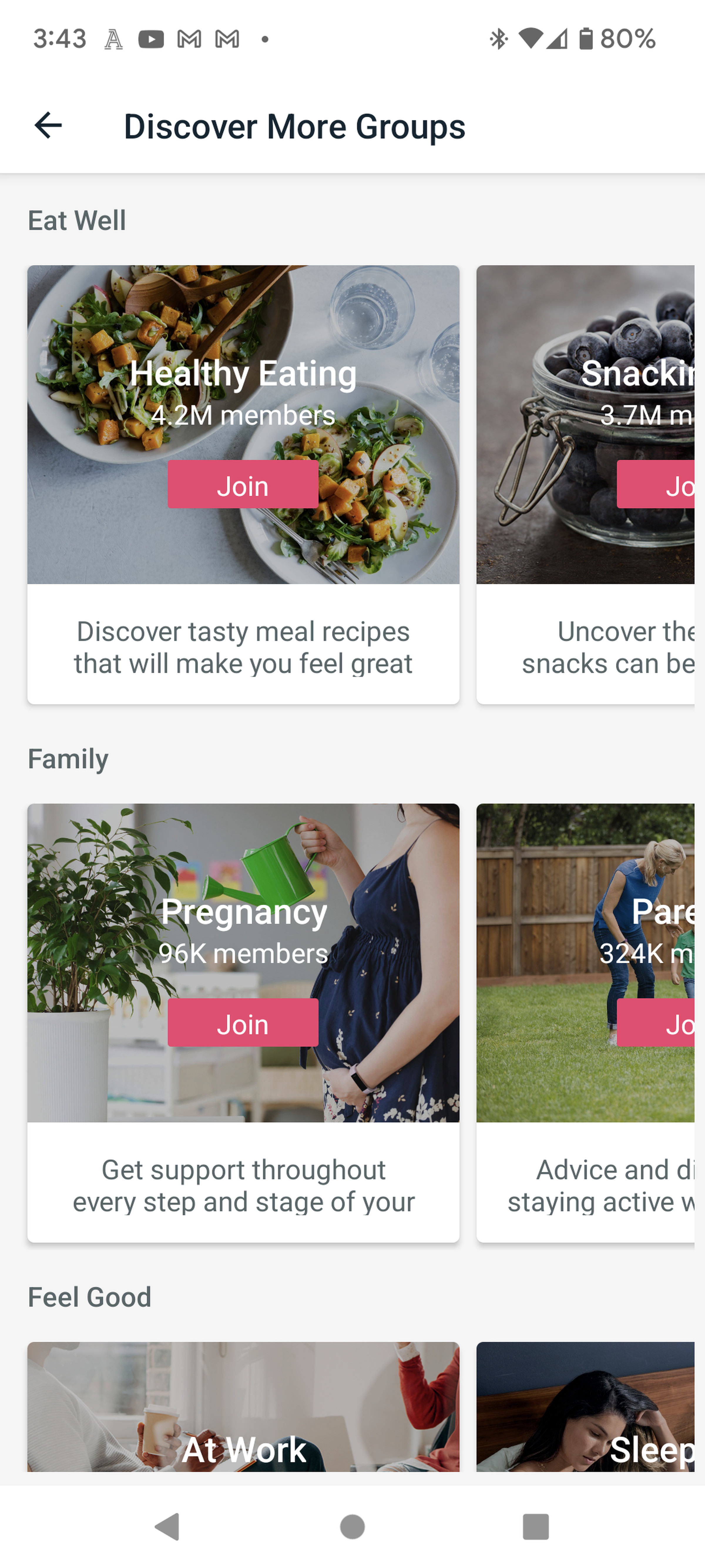 Screenshot of the Fitbit Community tab showing Open Groups.