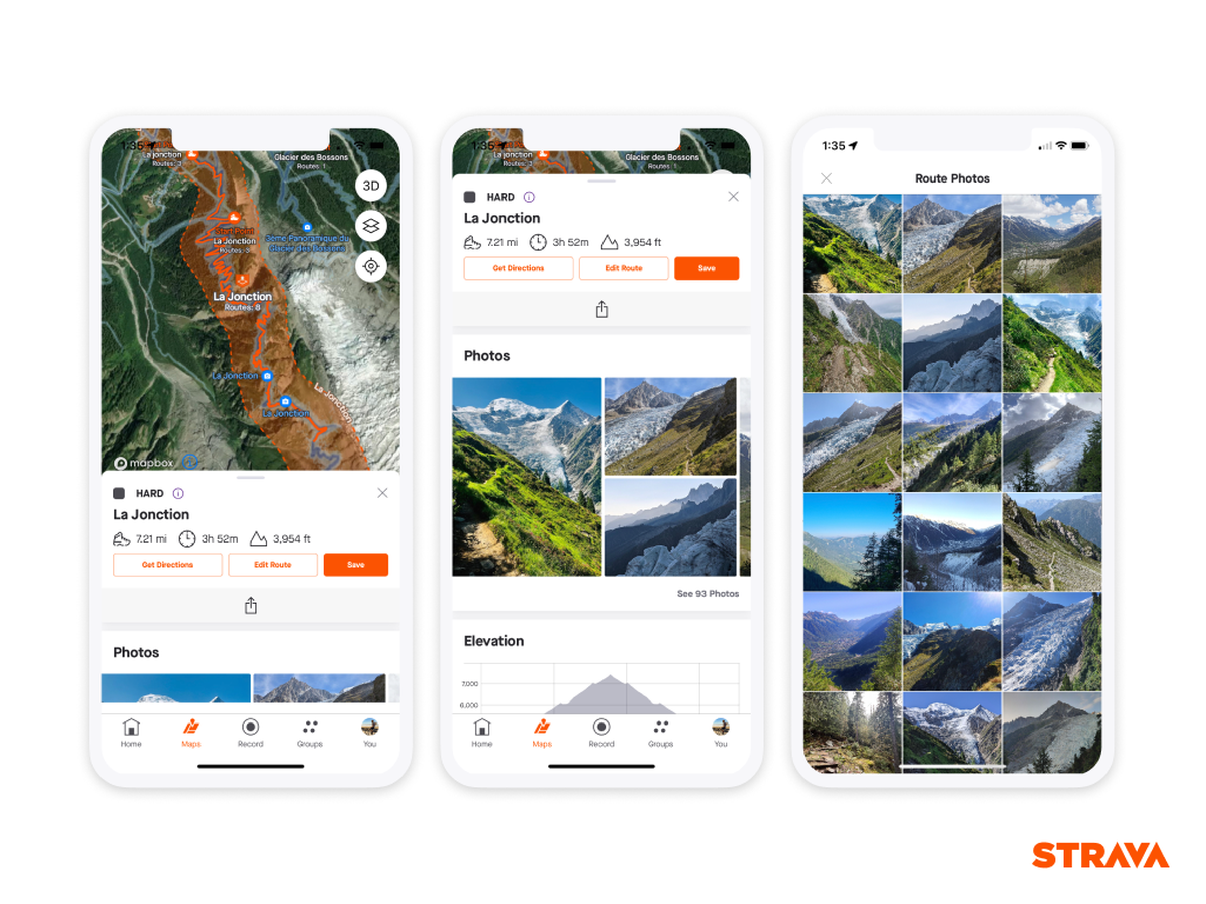 Strava rendering showing three different views of the photos displayed in the recommended routes feature.