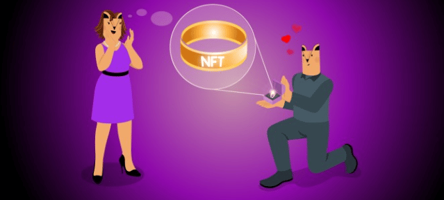 man on his knees proposing with nft valentines gift