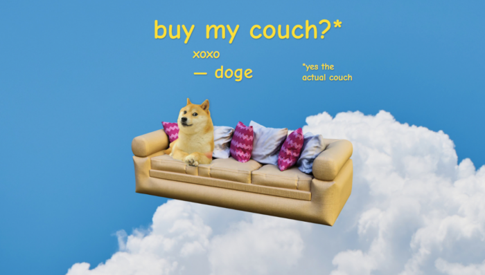 Doge on a sofa floating in the sky