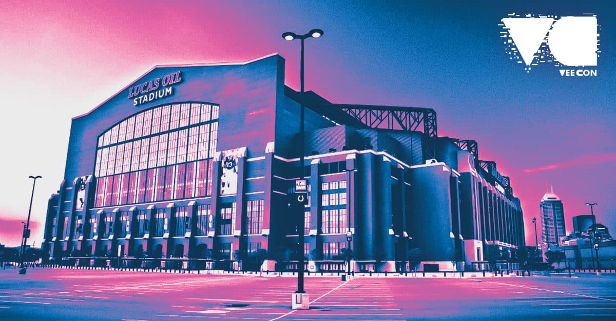 a stylized image of Lucas Oil Stadium, where Veecon 2023 will take place