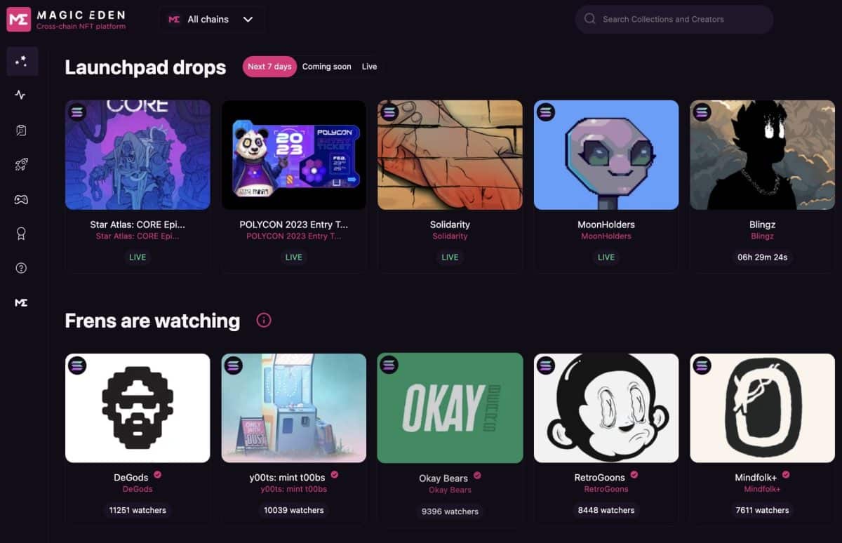 Magic Eden NFT marketplace home page showing different Solana NFT collections