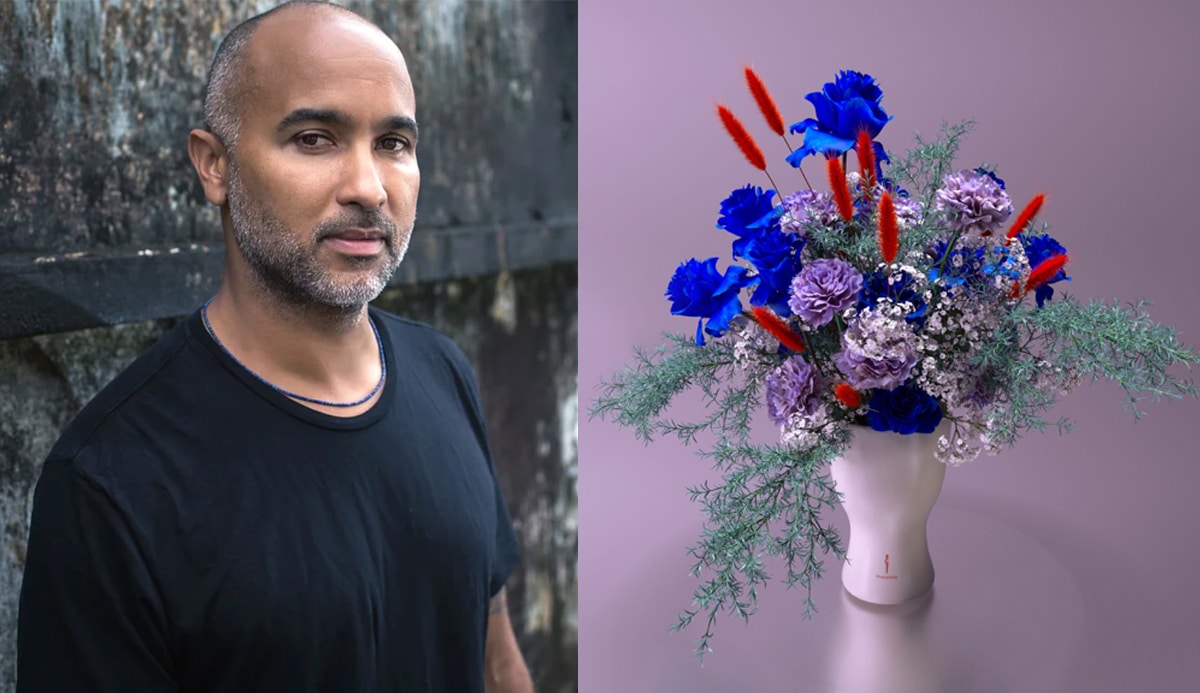 image of the portrait of the owner of a winery next to a bouquet of digital NFT flowers
