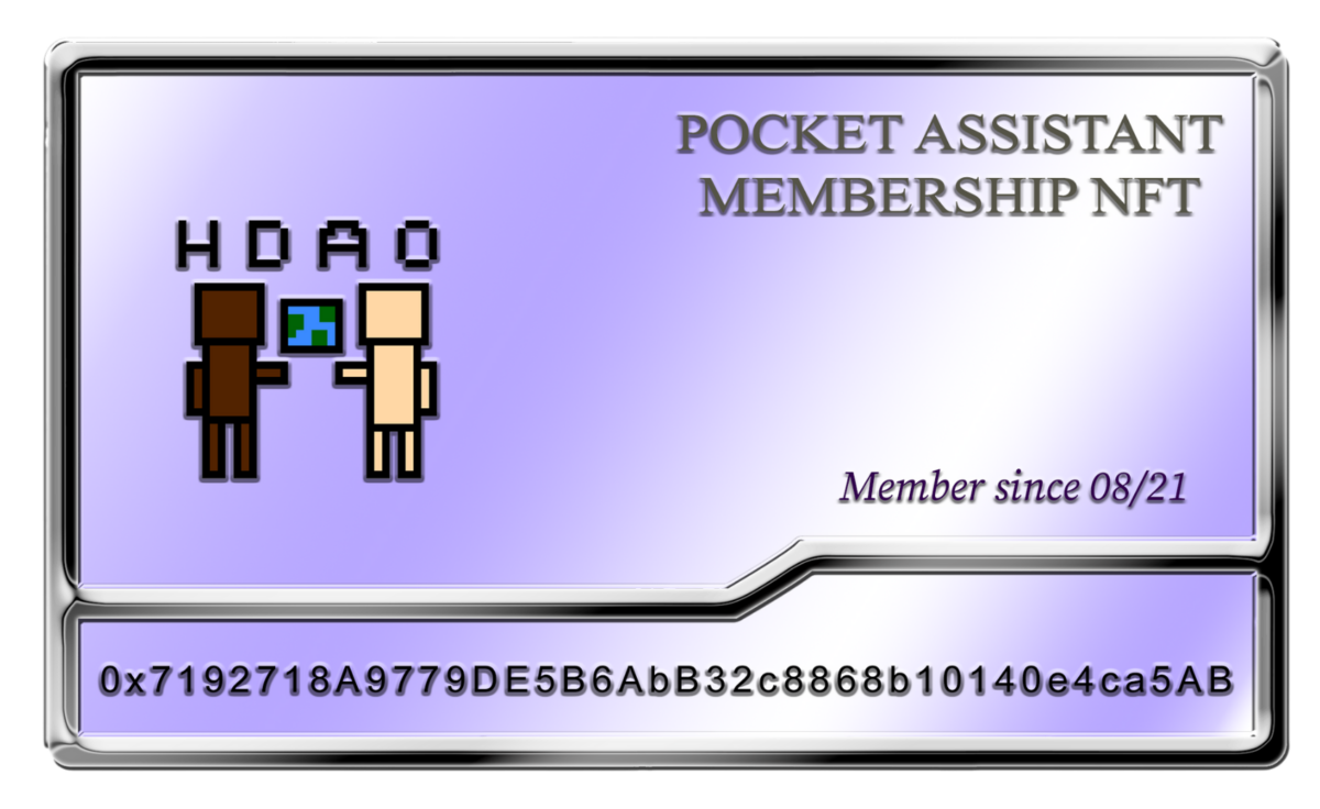 A pixelated rendering of a membership card with two blocky figures and the words" Pocket Wizard NFT Membership" written on it.